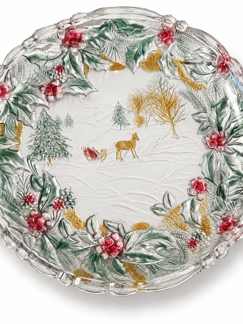 Holiday Glass Serving Platter with Red Holly Accents
